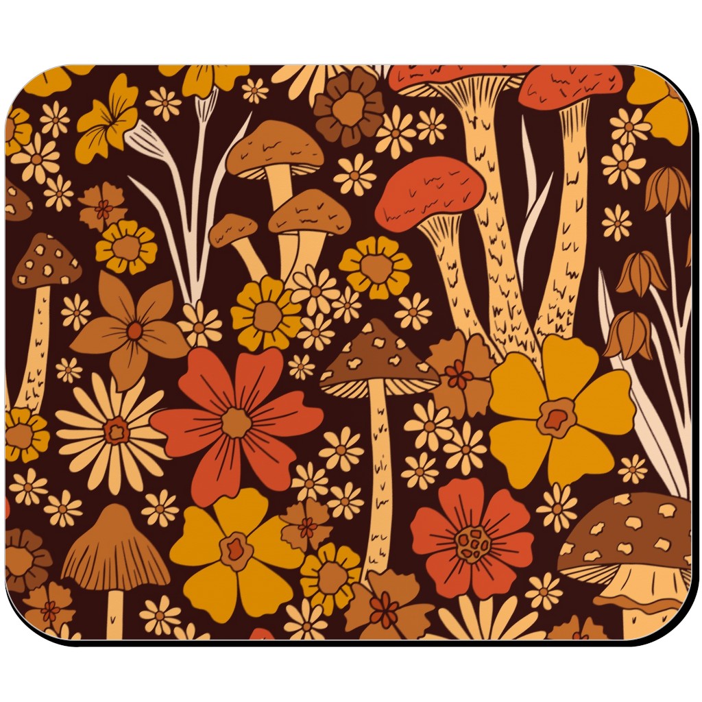 Retro 1970s Mushroom & Flowers - Brown and Orange Mouse Pad, Rectangle Ornament, Orange