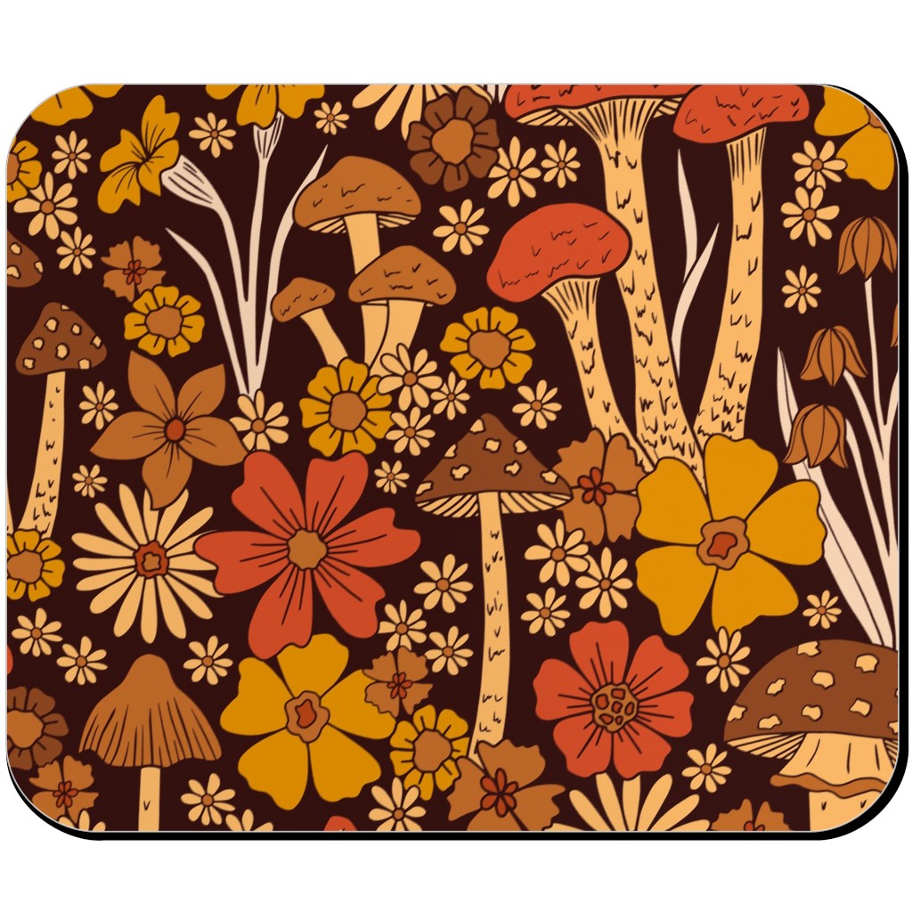 Retro 1970s Mushroom & Flowers - Brown and Orange Mouse Pad, Rectangle, Orange, Orange