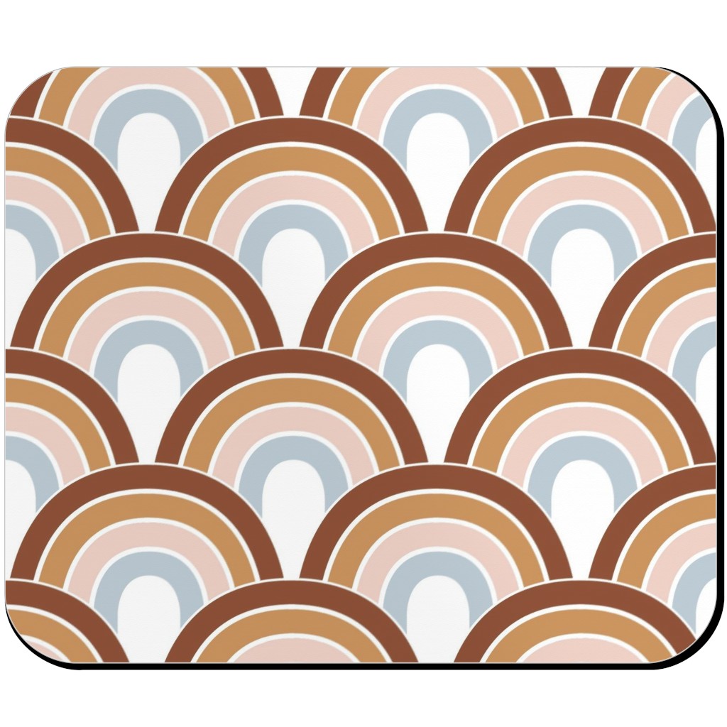 Retro Rainbow Waves - Scales and Curves - Rust Beige Blush Blue on White Mouse Pad, Rectangle Ornament, Orange