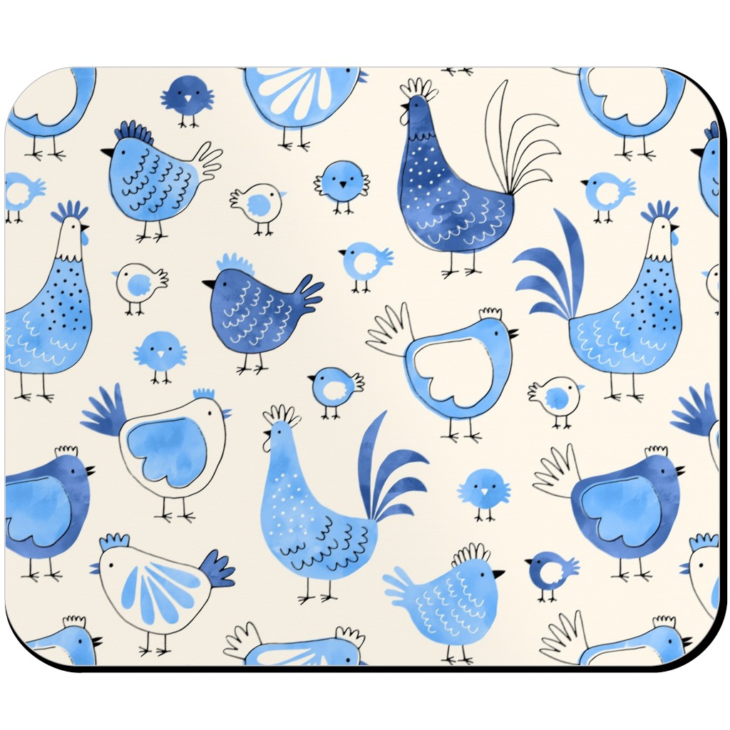 Chicken and Rooster - Watercolor - Blue on Creme Mouse Pad, Rectangle, Blue, True Blue