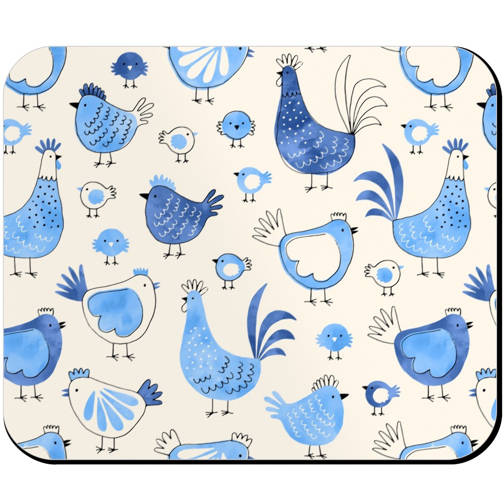 Chicken and Rooster - Watercolor - Blue on Creme Mouse Pad, Rectangle, Blue