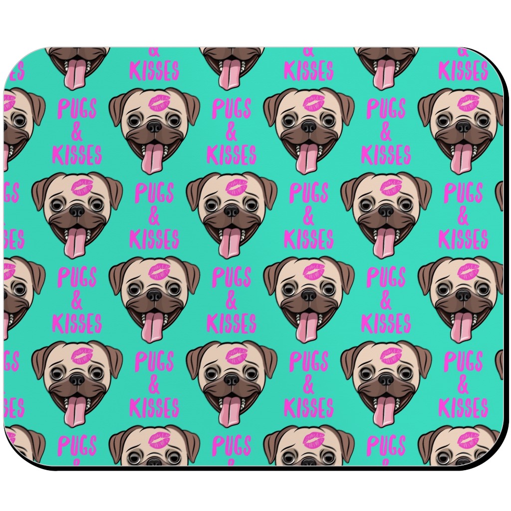 Pugs & Kisses - Cute Pug Dog - Teal Mouse Pad, Rectangle, Green