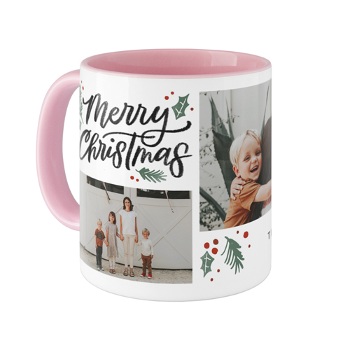 Merry Christmas Evergreen Mug, Pink,  , 11oz, White