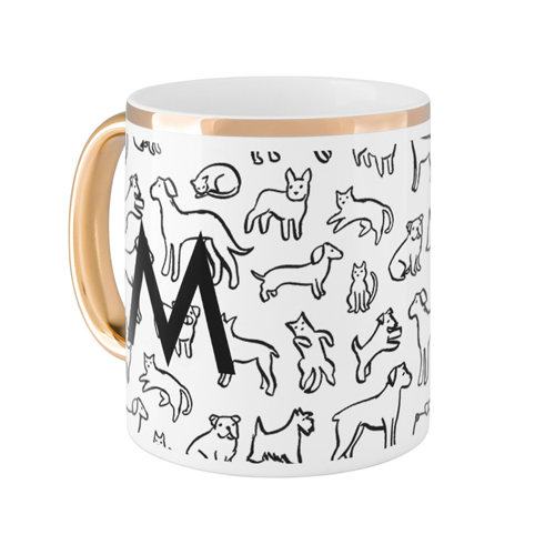 Outlined Dogs Custom Text Mug, Gold Handle,  , 11oz, Multicolor