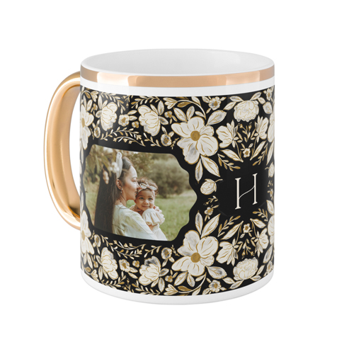 Classic Monogram Floral Mug, Gold Handle, , 11oz, Black, black