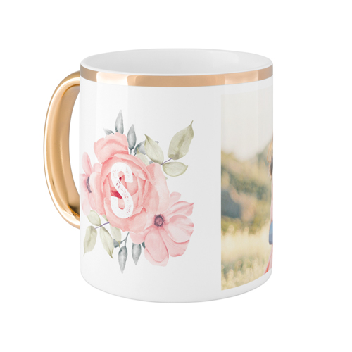 Floral Initial Mug, Gold Handle,  , 11oz, Pink