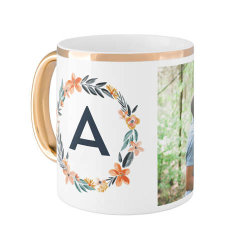 Bright Floral Wreath Monogram Mug, Gold Handle,  , 11oz, White