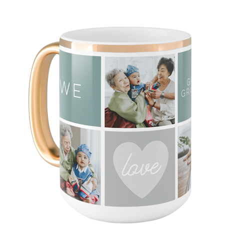 We Love Heart Grid Mug, Gold Handle, , 15oz, Blue, cedar
