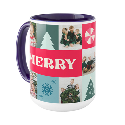 Merry Grid Mug, Blue, , 15oz, Red, bright red