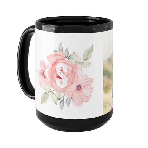 Floral Initial Mug, Black,  , 15oz, Pink