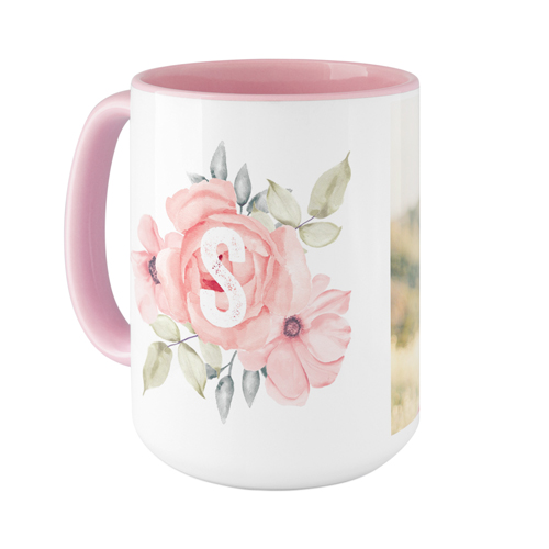 Floral Initial Mug, Pink,  , 15oz, Pink
