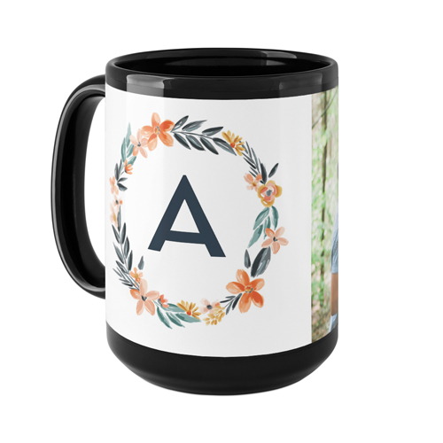 Bright Floral Wreath Monogram Mug, Black,  , 15oz, White