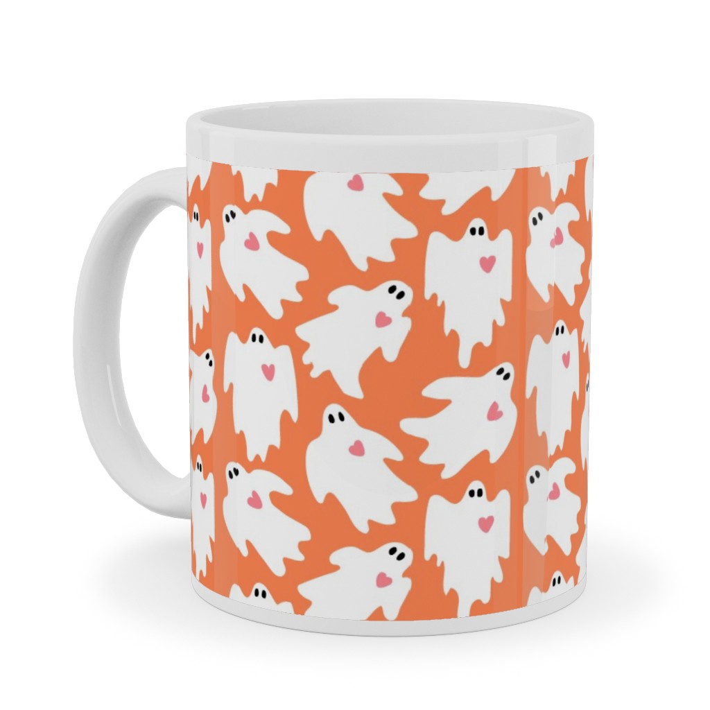 Halloween Ghosts With Hearts on Black Ceramic Mug, White, , 11oz, Orange, Orange