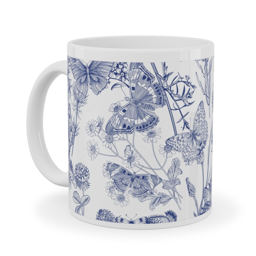 Butterflies and Wild Flowers Ceramic Mug, White, , 11oz, Blue, True Blue