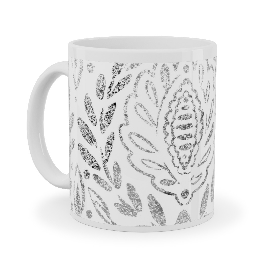 Distressed Damask Leaves - Grey Ceramic Mug, White,  , 11oz, Gray
