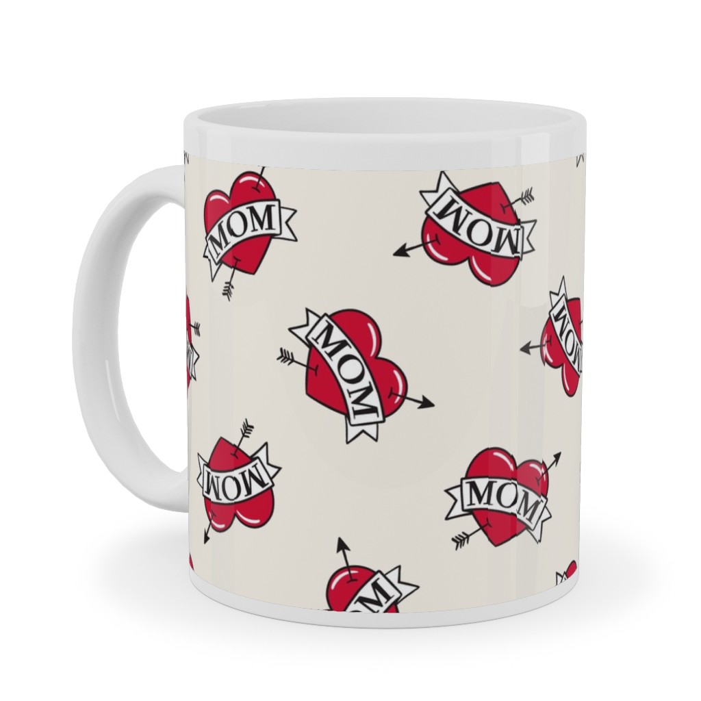 Mom Heart Tattoo - Red on Cream Ceramic Mug, White, , 11oz, Red, Red