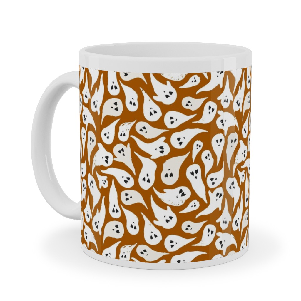 Halloween Ghosts on Dark Burnt Orange Ceramic Mug, White,  , 11oz, Orange