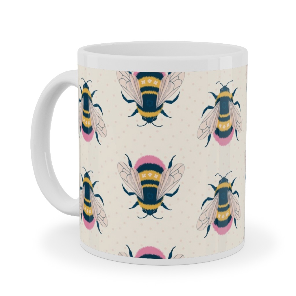 Bumblebee - Pink on Cream Ceramic Mug, White, , 11oz, Beige, Pearl