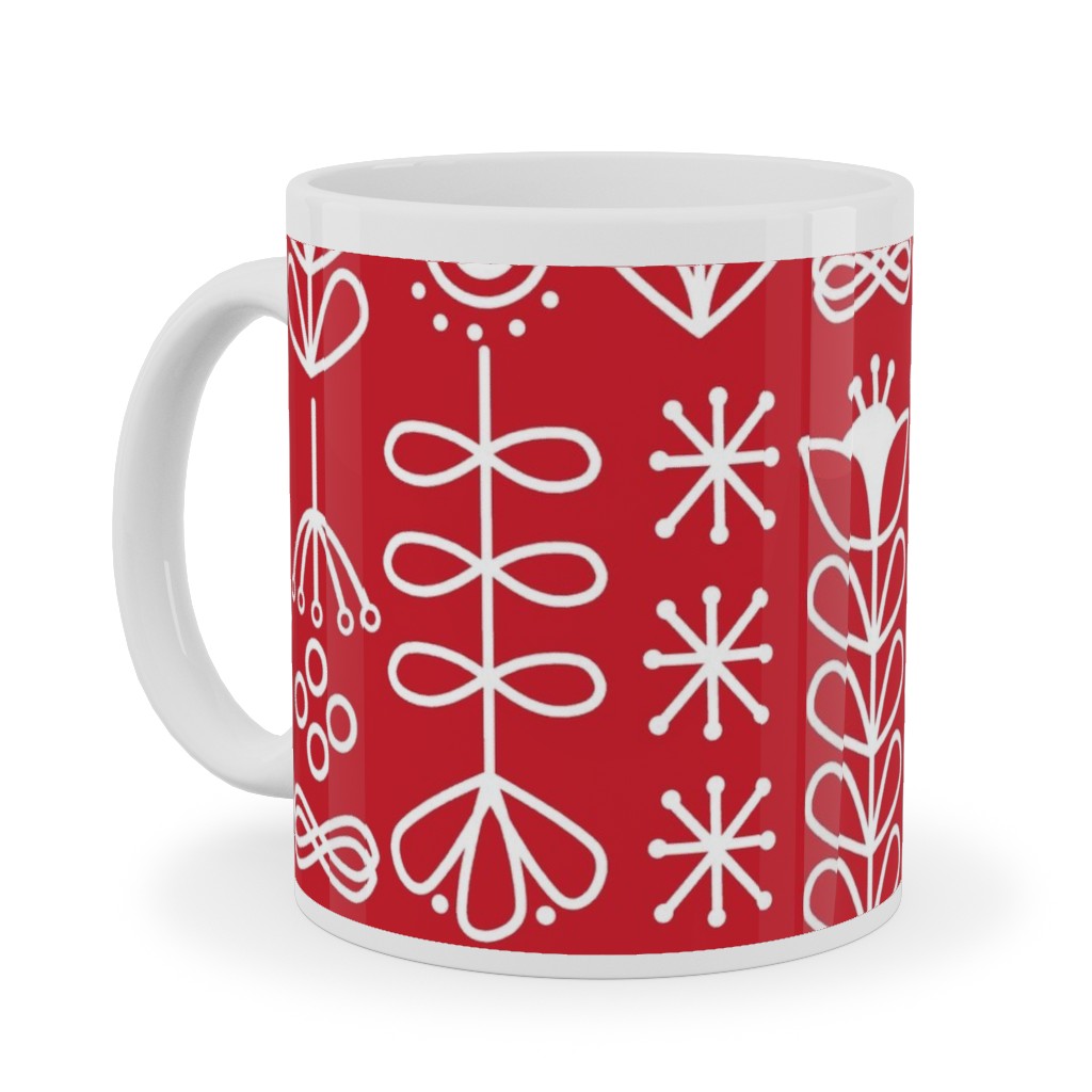 Red and White Nordic Mod Floral Ceramic Mug, White,  , 11oz, Red