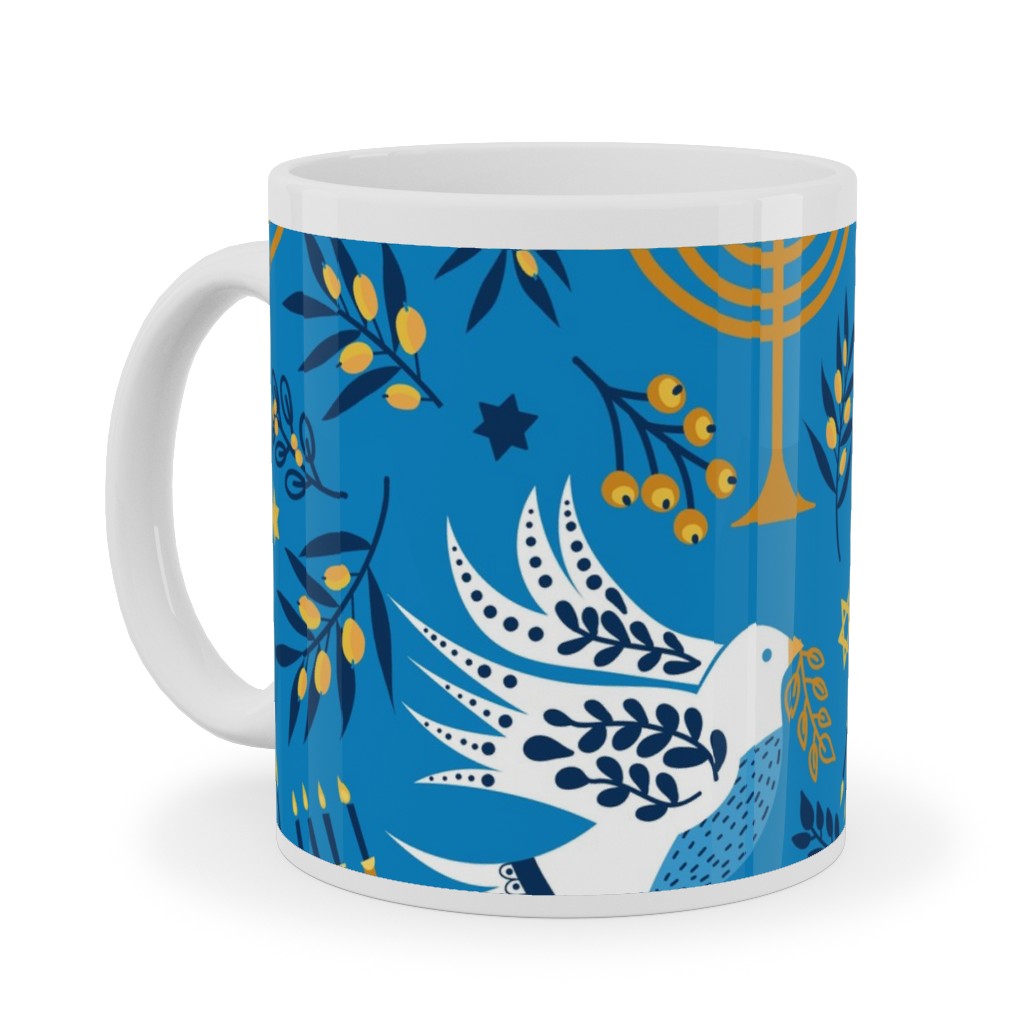 Hanukkah Birds Menorahs - Light Blue Ceramic Mug, White,  , 11oz, Blue