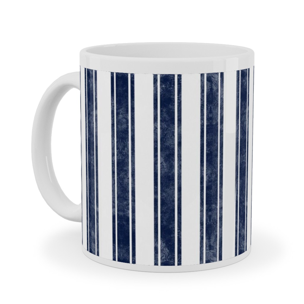 Vertical French Ticking Textured Pinstripes in Dark Midnight Navy and White Ceramic Mug, White,  , 11oz, Blue