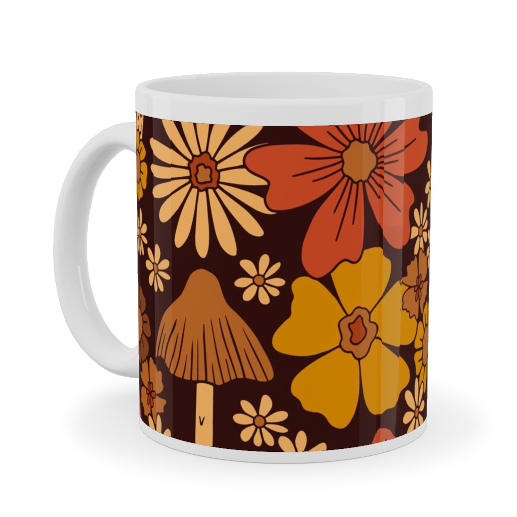 Retro 1970s Mushroom & Flowers - Brown and Orange Ceramic Mug, White, , 11oz, Orange, Orange