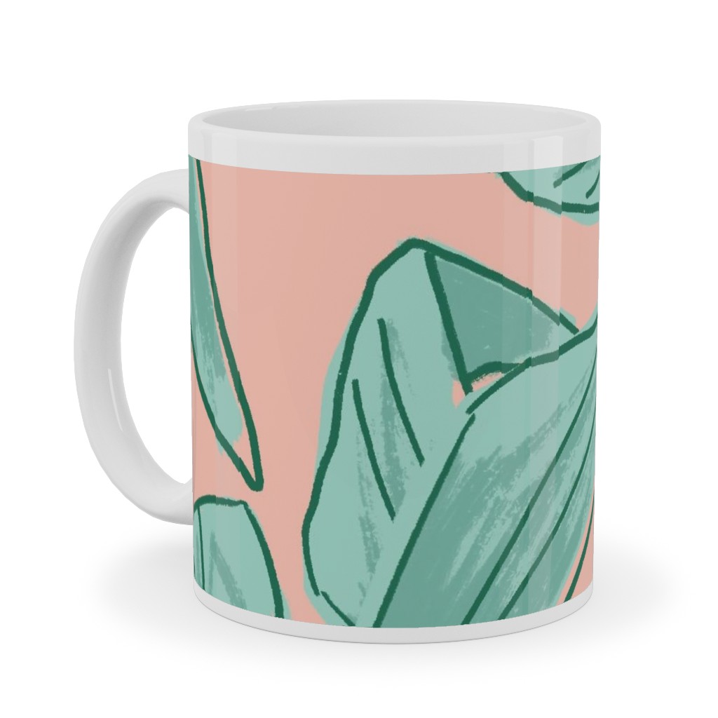 Lush Tropical Leaves - Pink and Mint Ceramic Mug, White, , 11oz, Green, Classic Green