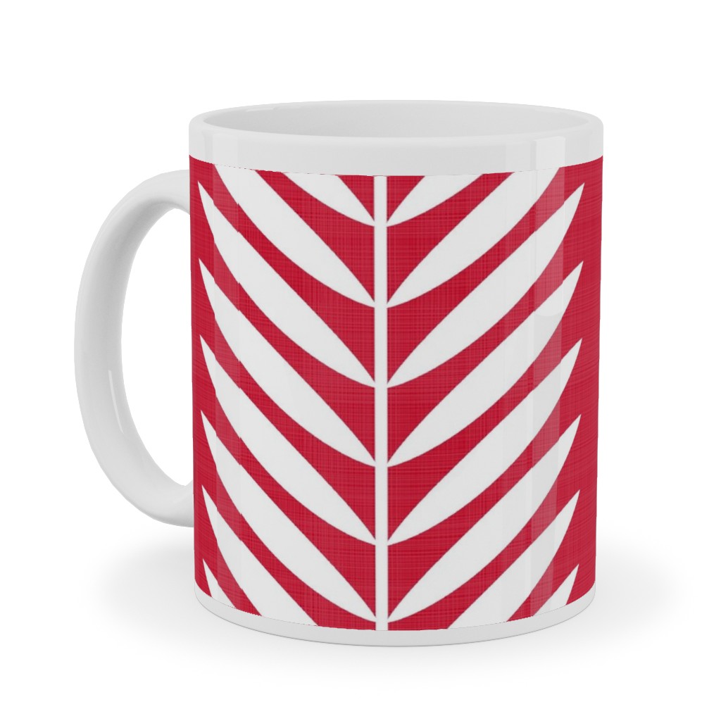 Laurel Leaf Stripe Ceramic Mug, White,  , 11oz, Red