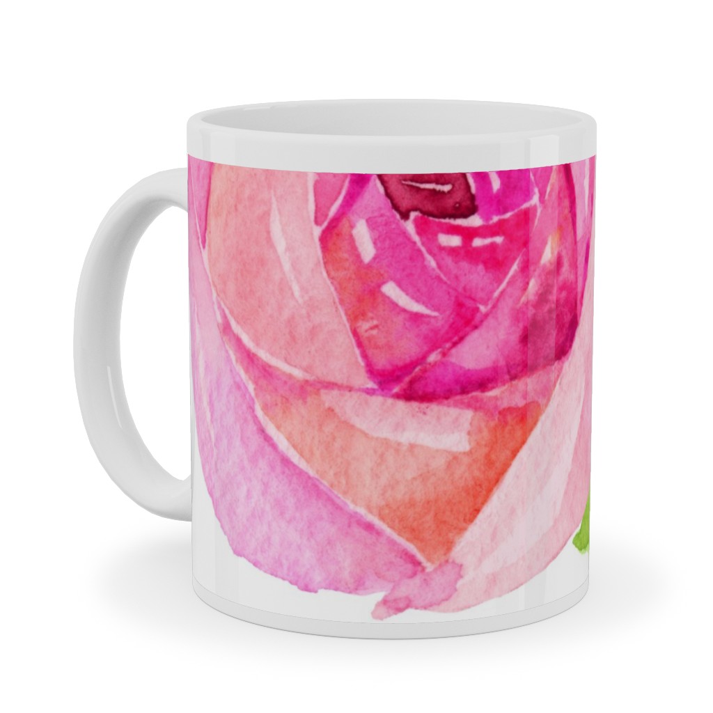 Spring Peonies, Roses, and Poppies - Watercolor Ceramic Mug, White, , 11oz, Pink, Bright Pink