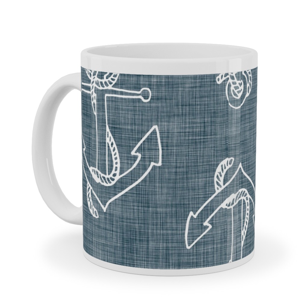 Anchors Away - Textured Blue Ceramic Mug, White,  , 11oz, Blue