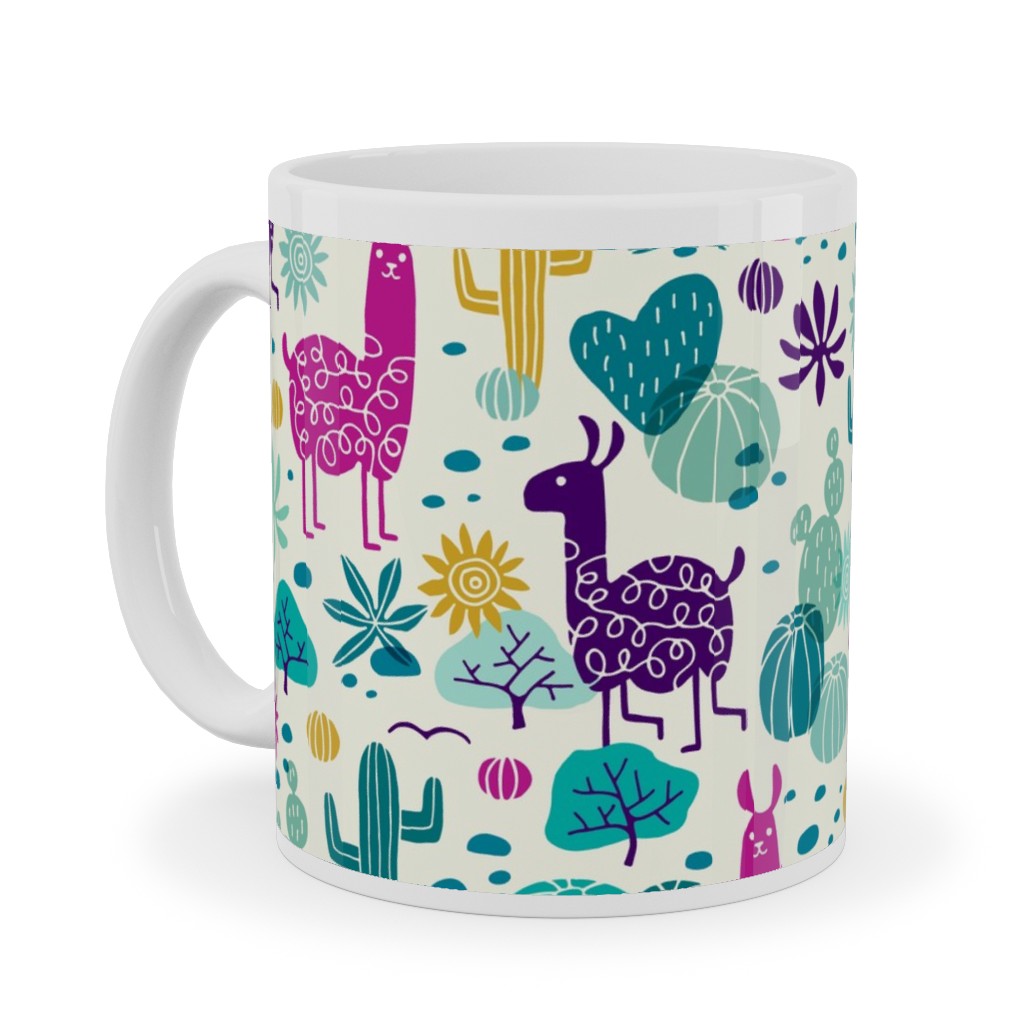 Llamas in the Desert - Multicolor Ceramic Mug, White,  , 11oz, Multicolor