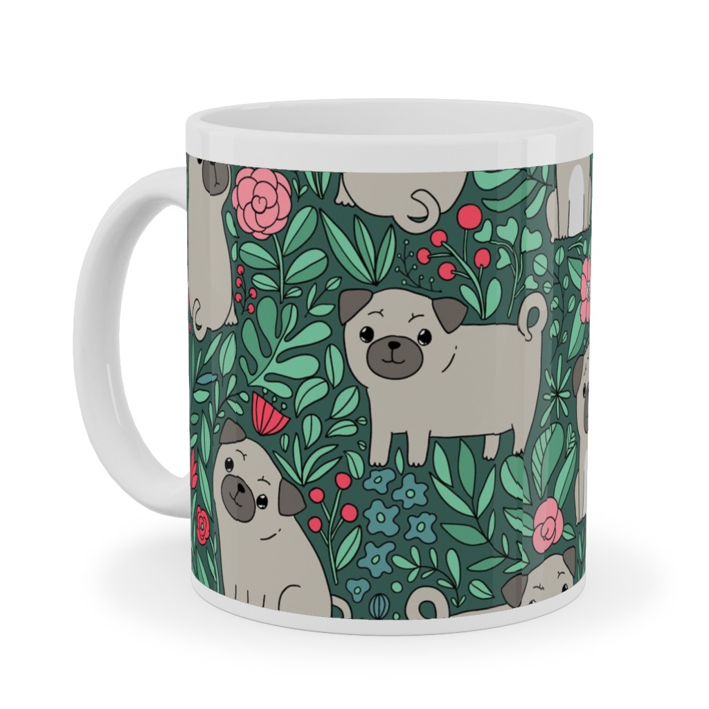 Cute Pugs and Flowers - Multicolor Ceramic Mug, White,  , 11oz, Green