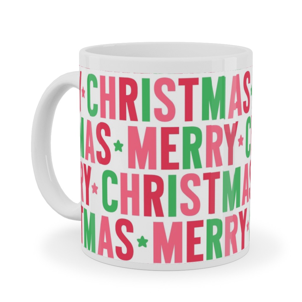 Merry Christmas Uppercase - Green, Pink, Red Ceramic Mug, White,  , 11oz, Multicolor