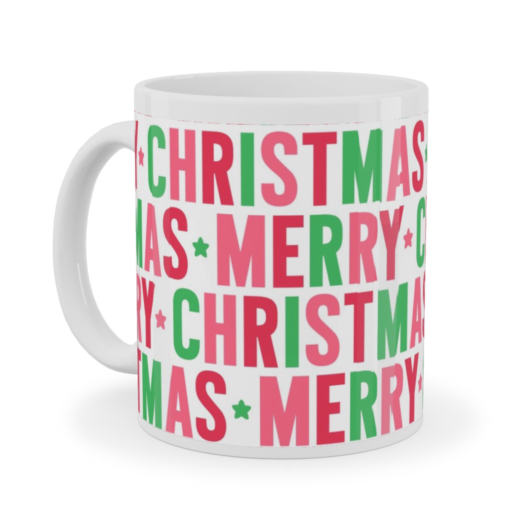Merry Christmas Uppercase - Green, Pink, Red Ceramic Mug, White, , 11oz, Multicolor