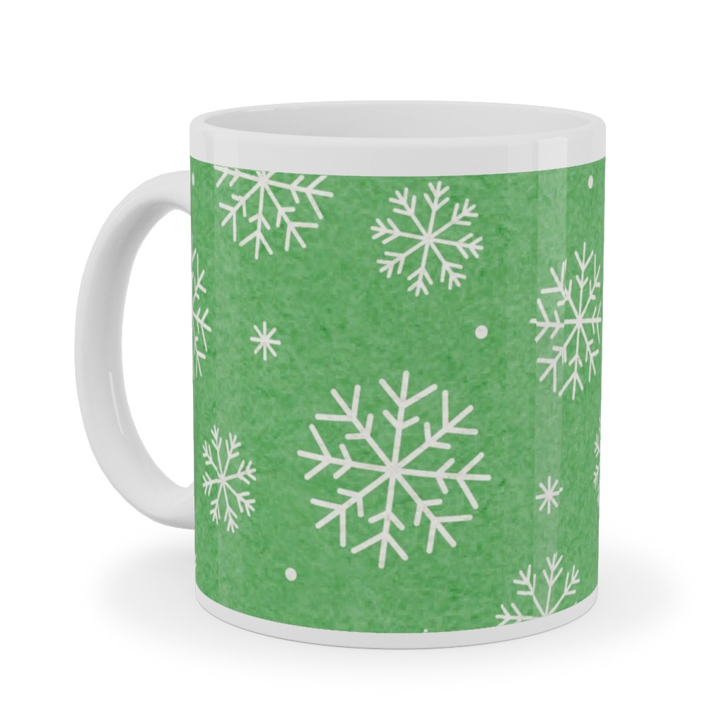Snowflakes on Mottled Green Ceramic Mug, White, , 11oz, Green, Classic Green