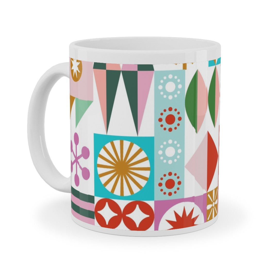 Santa's Workshop Geometric Stars Snowflakes Grid Holiday Stripes - Multi Ceramic Mug, White, , 11oz, Multicolor