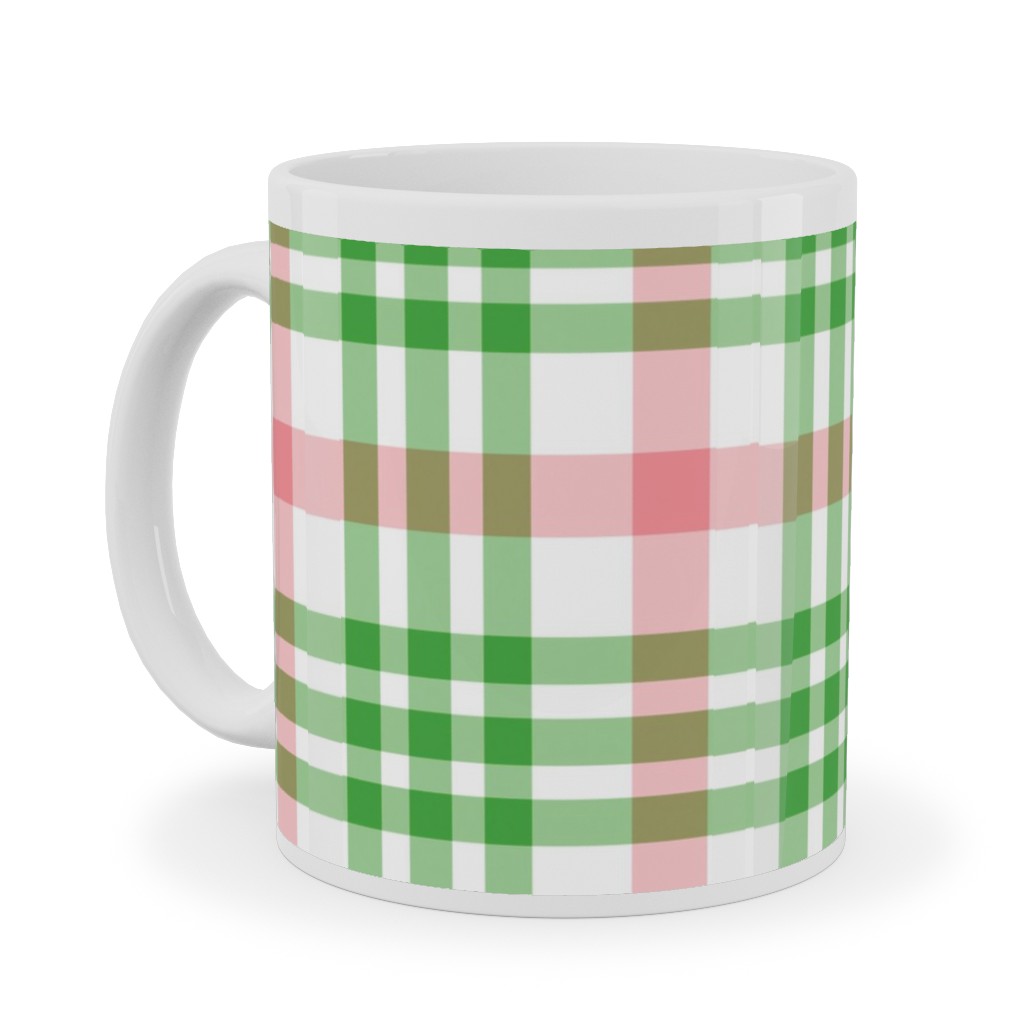 Pink, Green, and White Plaid Ceramic Mug, White, , 11oz, Green, Classic Green