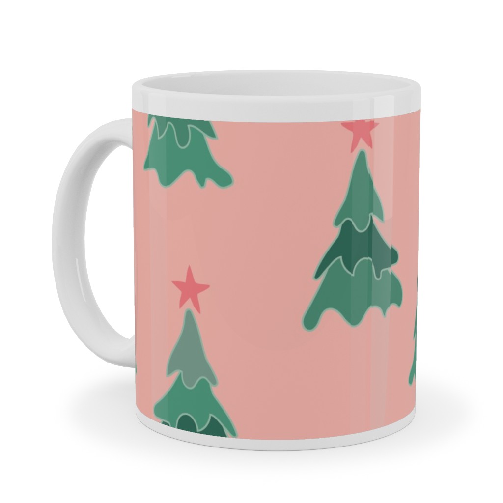 Modern Christmas Trees Ceramic Mug, White, , 11oz, Pink, Bright Pink