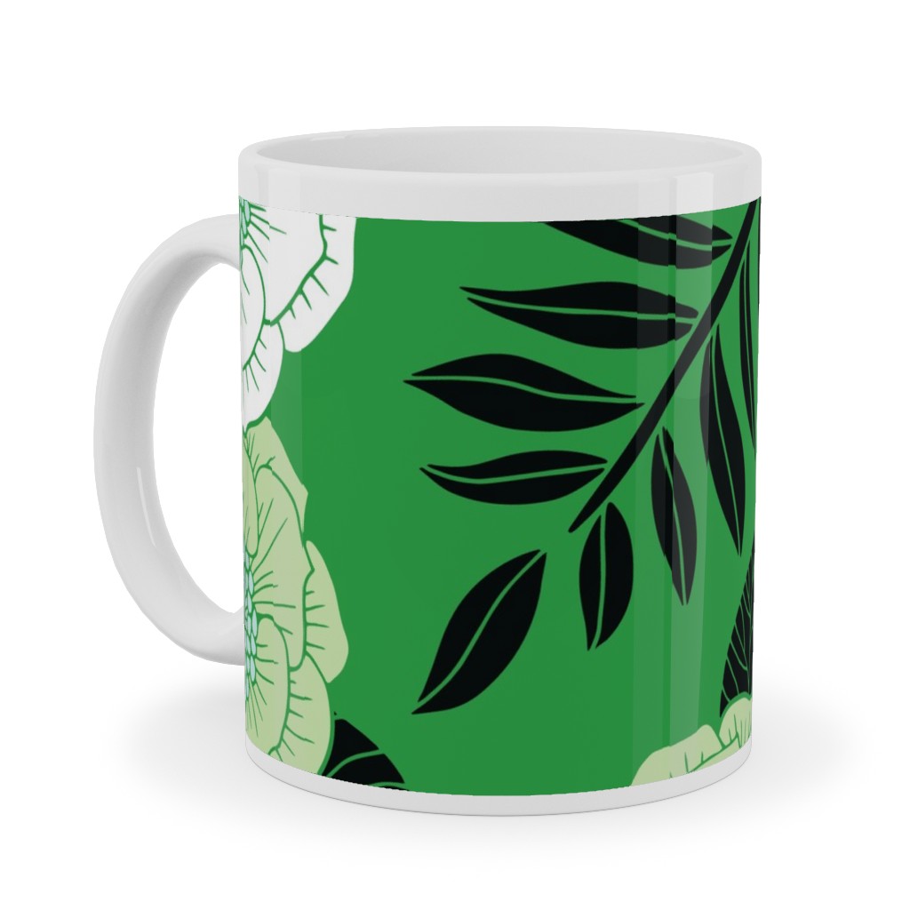 Green, Black & White Floral Pattern Ceramic Mug, White, , 11oz, Green, Classic Green