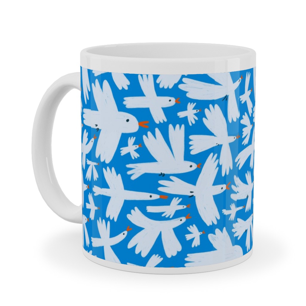Birds - White on Blue Ceramic Mug, White, , 11oz, Blue, True Blue