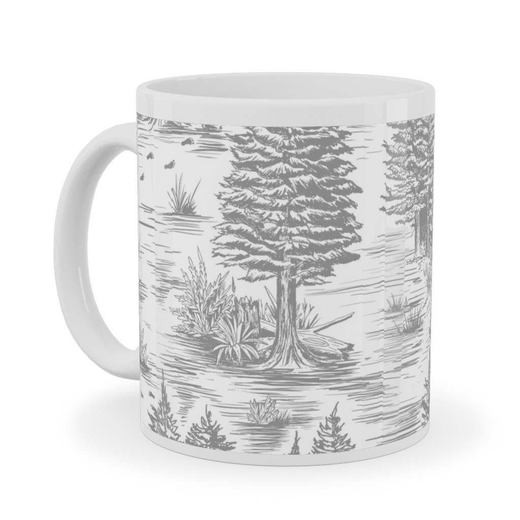 Bigfoot Sasquatch Toile De Jouy Ceramic Mug, White, , 11oz, Gray, Fog