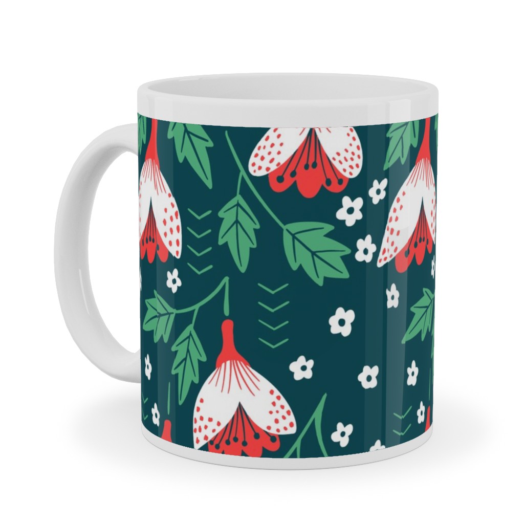 Christmas Flowers Ceramic Mug, White,  , 11oz, Green