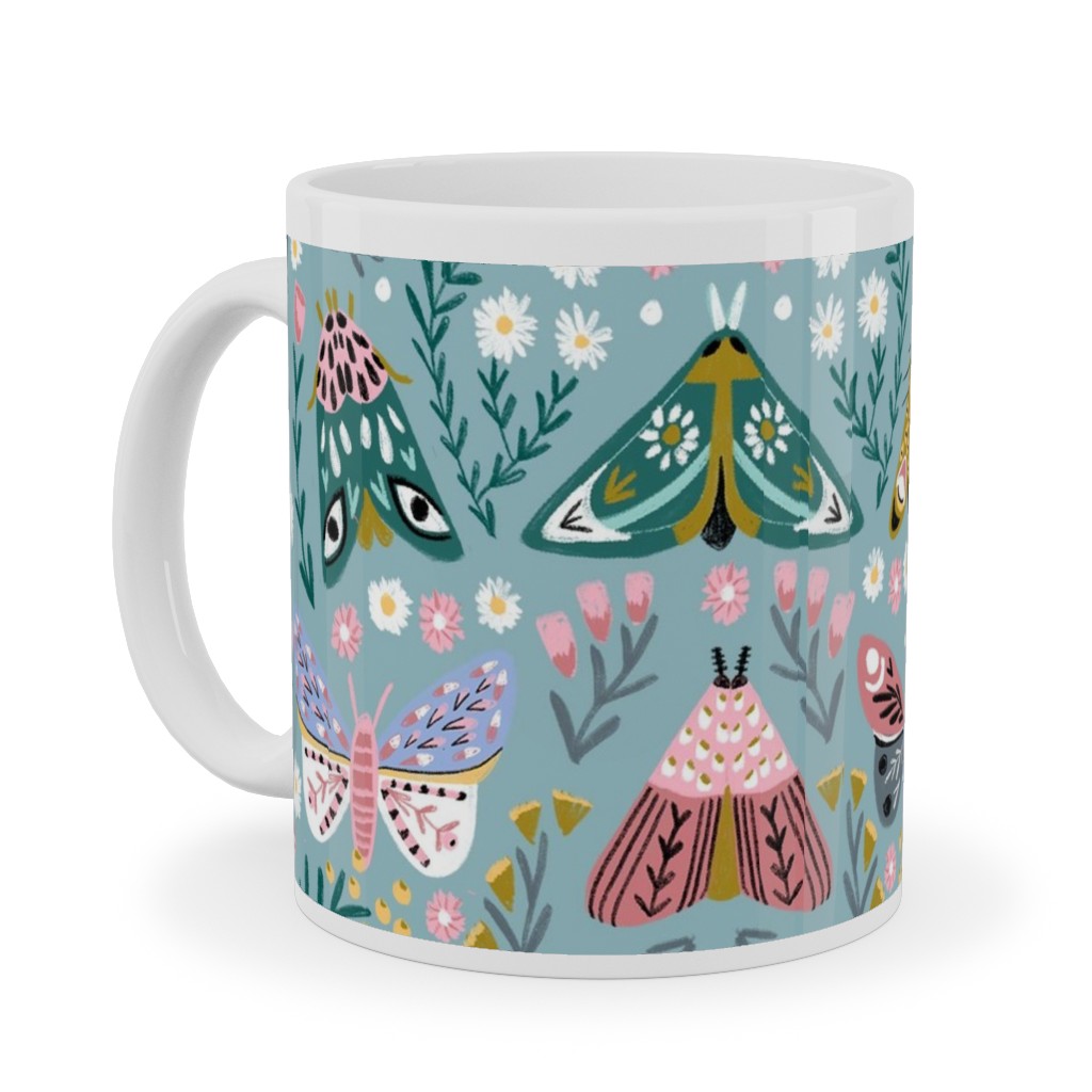 Spring Floral and Butterflies - Blue Ceramic Mug, White, , 11oz, Multicolor