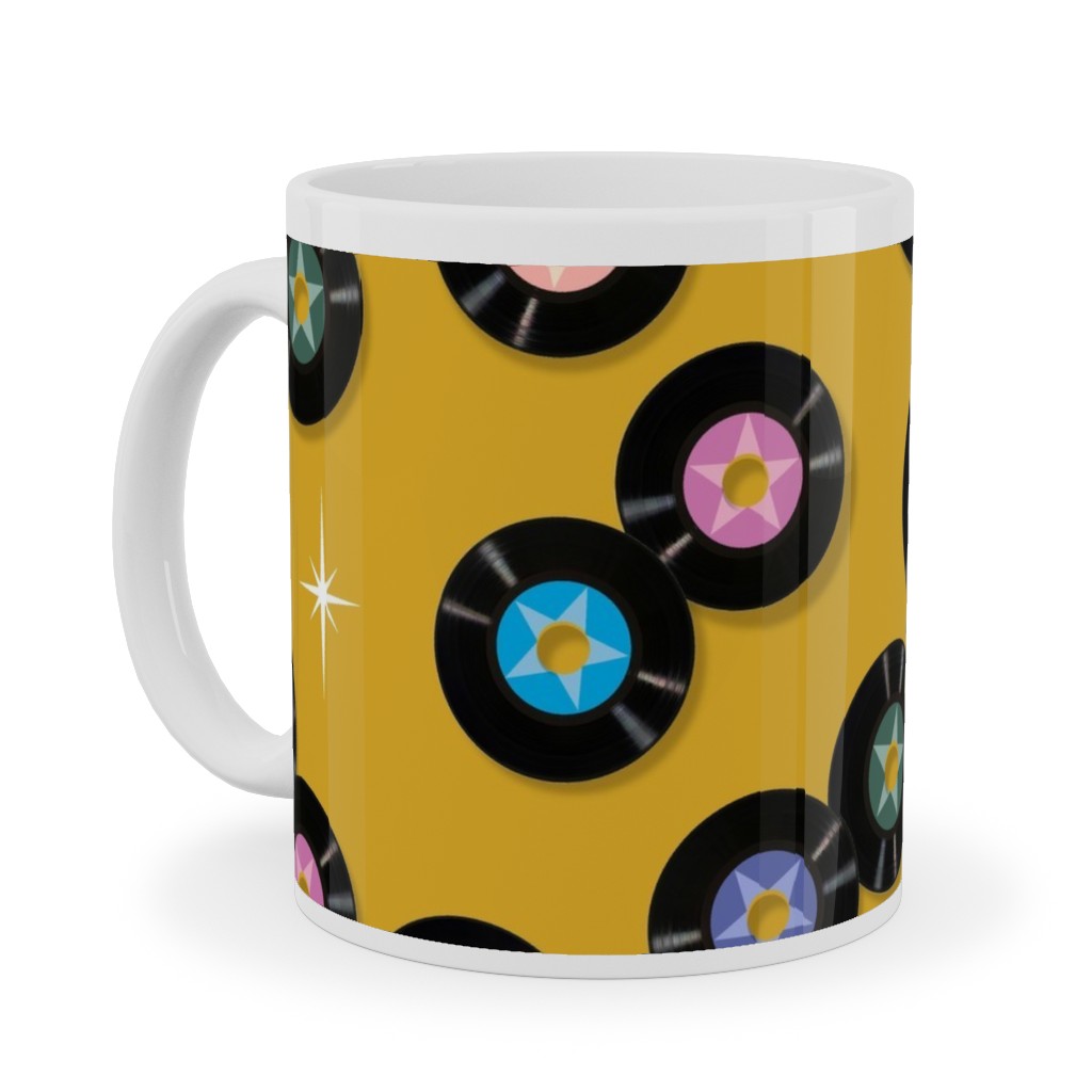 Pop Star Vintage Vinyl Records Ceramic Mug, White, , 11oz, Yellow, Goldenrod