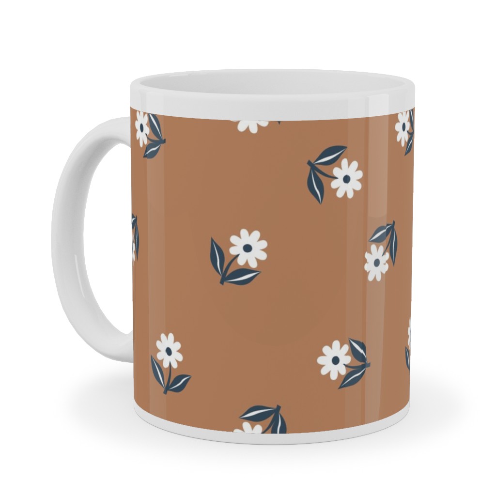 Romantic Boho Daisy Flowers - Scandinavian Print - Caramel Brown Blue Ceramic Mug, White,  , 11oz, Orange