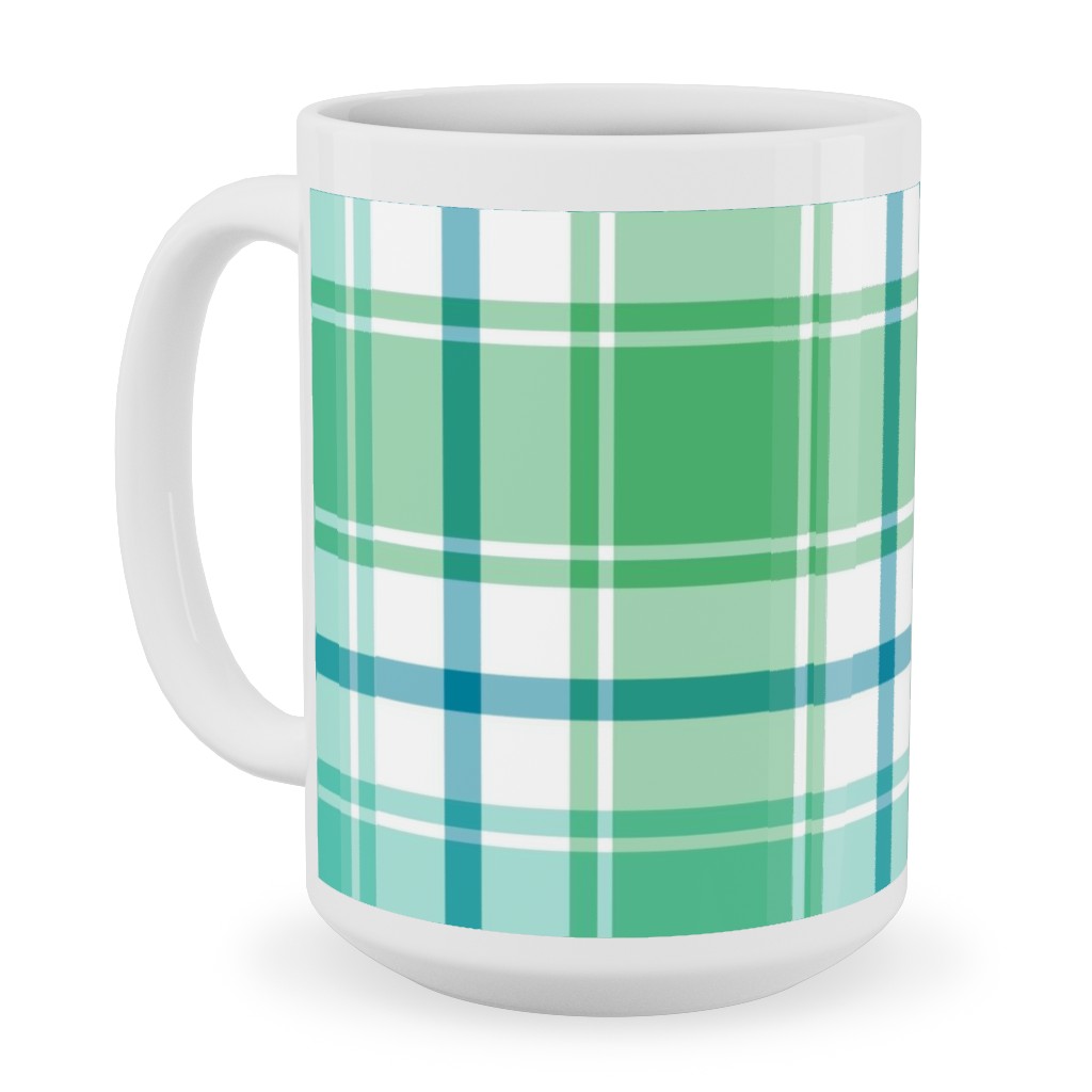 Blue, Green, Turquoise, and White Plaid Ceramic Mug, White, , 15oz, Green, Classic Green