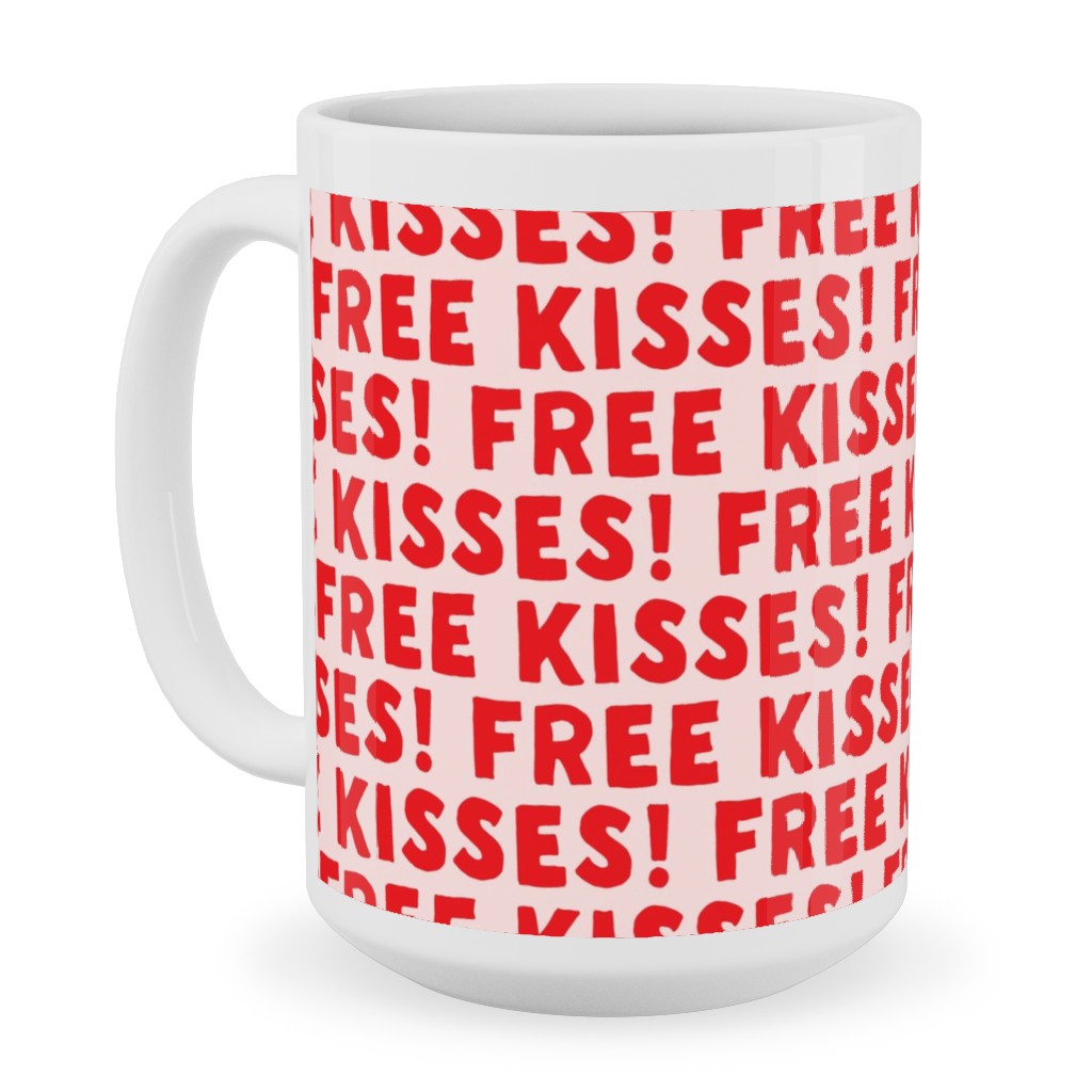Free Kisses! - Red on Pink Ceramic Mug, White, , 15oz, Red, Red