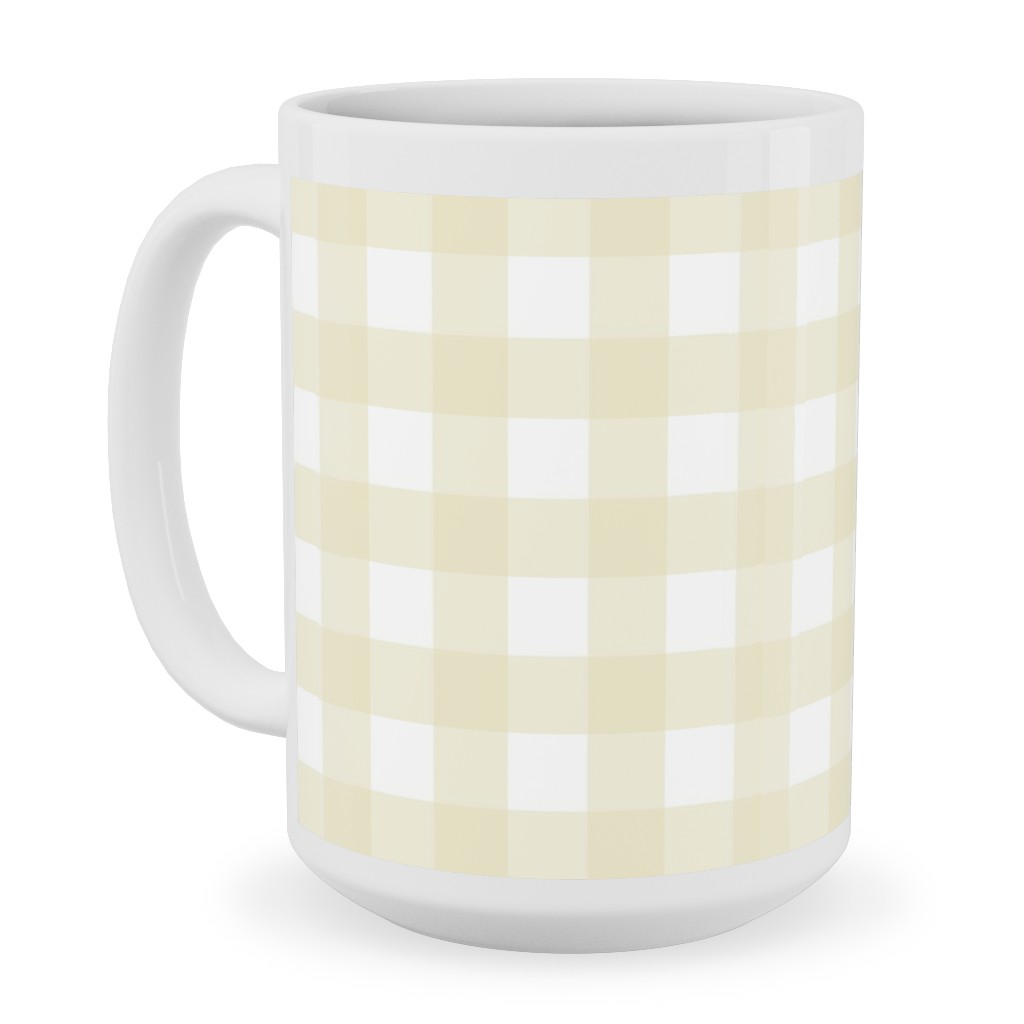 Gingham Check Ceramic Mug, White, , 15oz, Yellow, Cream