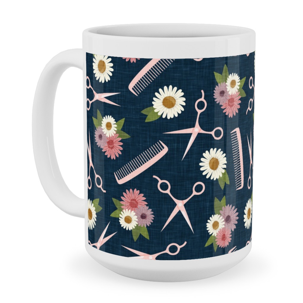 Floral Shears and Combs - Pink & Blue Ceramic Mug, White, , 15oz, Pink, Bright Pink