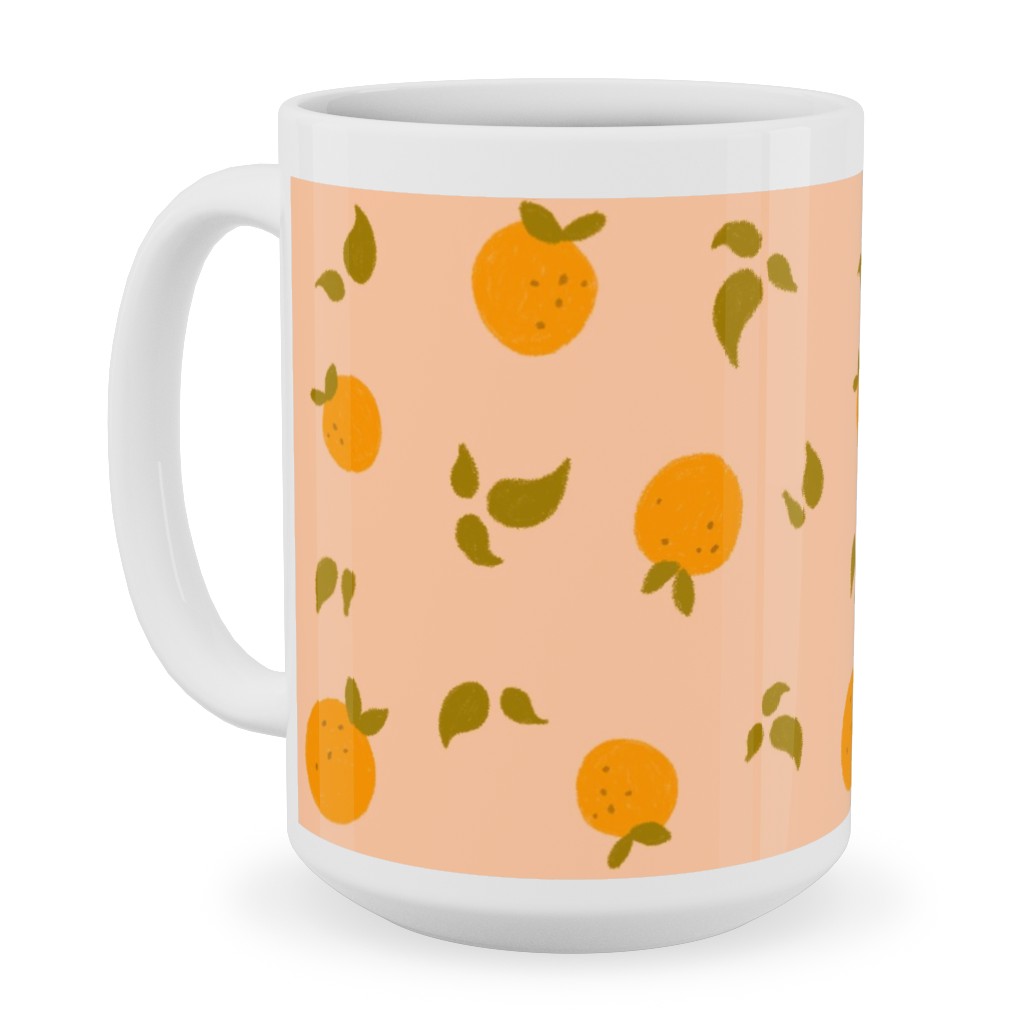 Oranges & Leaves on Peach Ceramic Mug, White, , 15oz, Orange, Orange